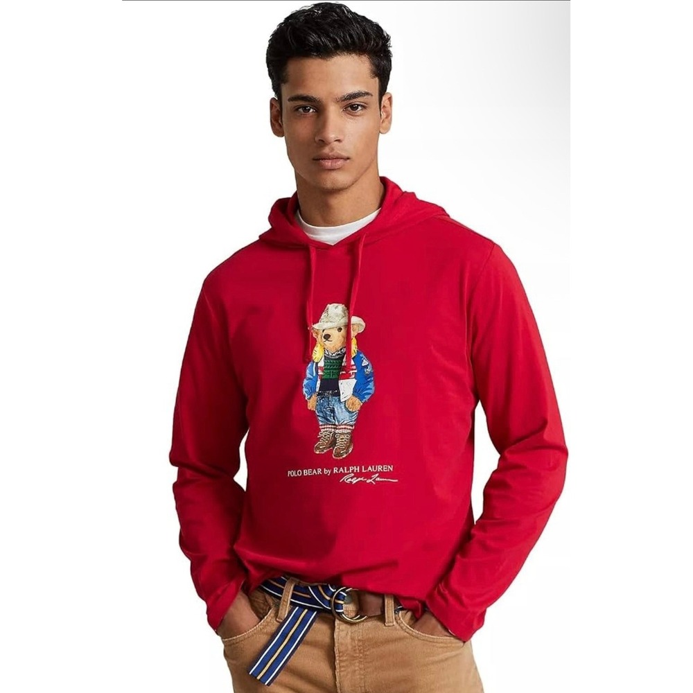 Polo Ralph Lauren Polo Bear Jersey Hooded T-Shirt Red Preppy Americana Size XL